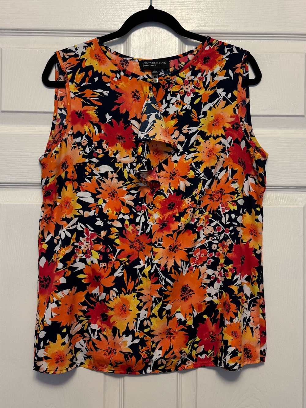 Jones New York Black Floral Ruffle-Front Sleeveless Top